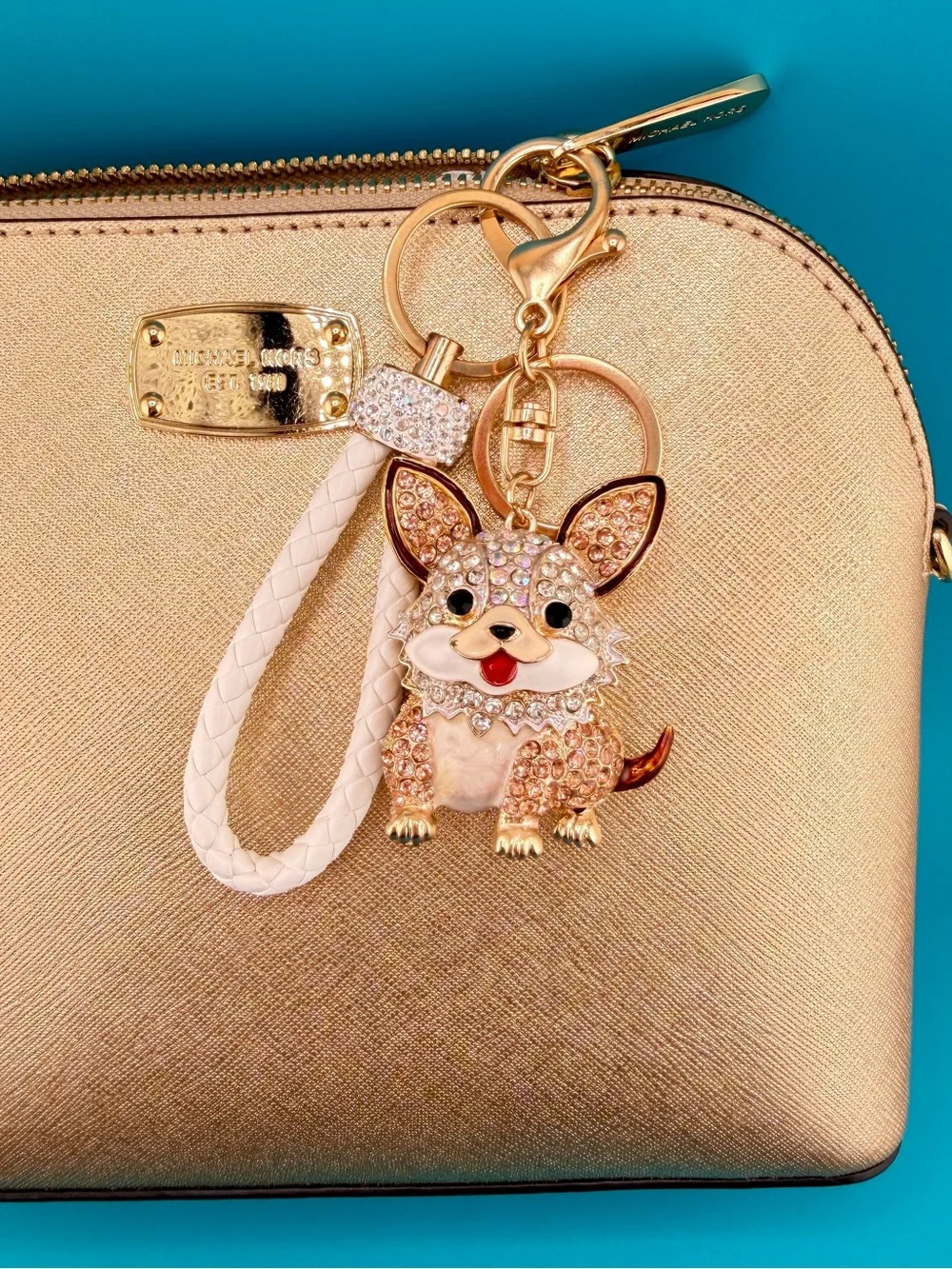 🐶 White & Gold CORGI PUPPY DOG Crystal Rhinestone Bag Charm /Keychain + Key Ring